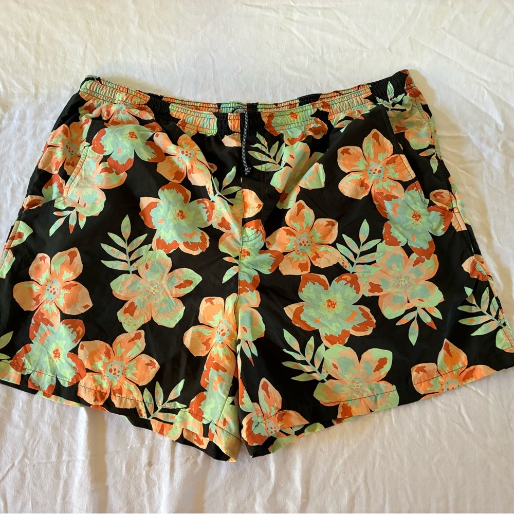 Black Floral Athletic Shorts with Orange & Mint Flowers